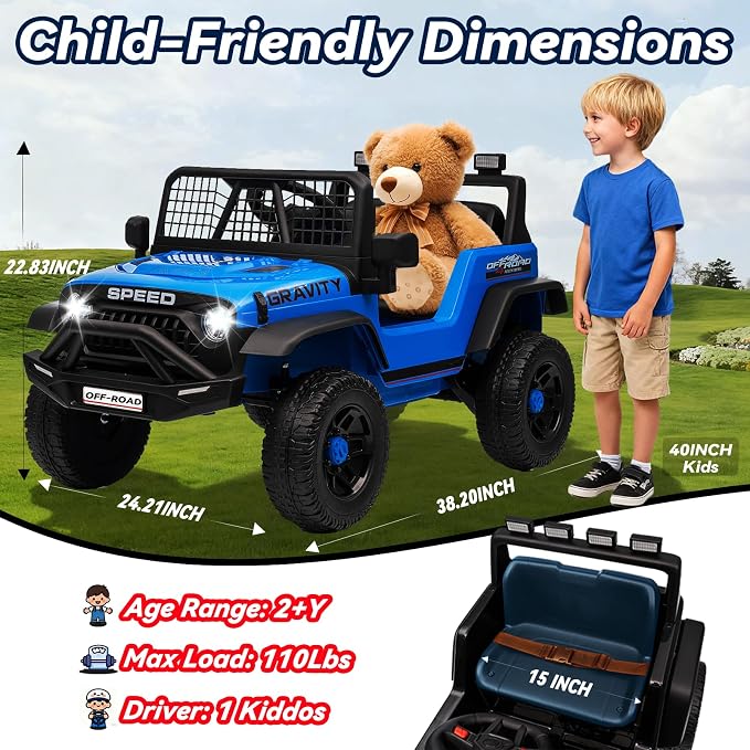 24V Ride on Toys w/Remote Control, 4WD Kids Ride on Truck Car, 3 Speed, Bluetooth Music, Wide Seat, Spring Suspension, LED Light, Birthday for Boys Girls Toddler (Black+Blue)