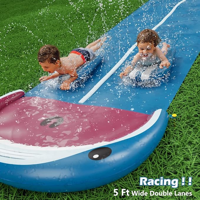 Jasonwell Slip and Water Slide - 20Ft Heavy Duty Lawn Slip Waterslide for Kids Adults with Splash Sprinkler N 2 Bodyboards Backyard Summer Outside Outdoor Water Play Toys (Shark-2Lanes)
