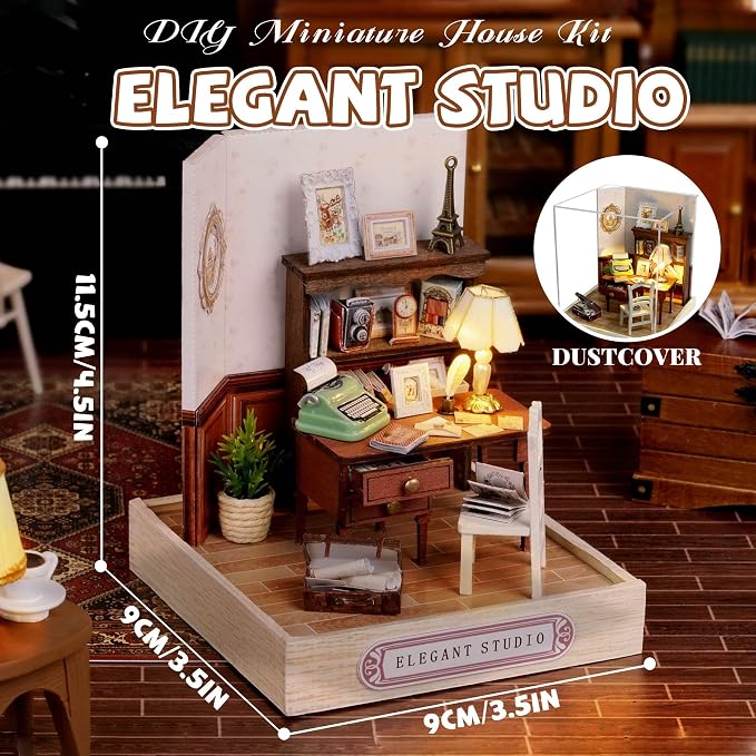 Kisoy Dollhouse Miniature with Furniture Kit, DIY 3D Wooden DIY House Kit with Dust Cover,Handmade Tiny House Toys for Teens Adults Gift(Elegant Studio)