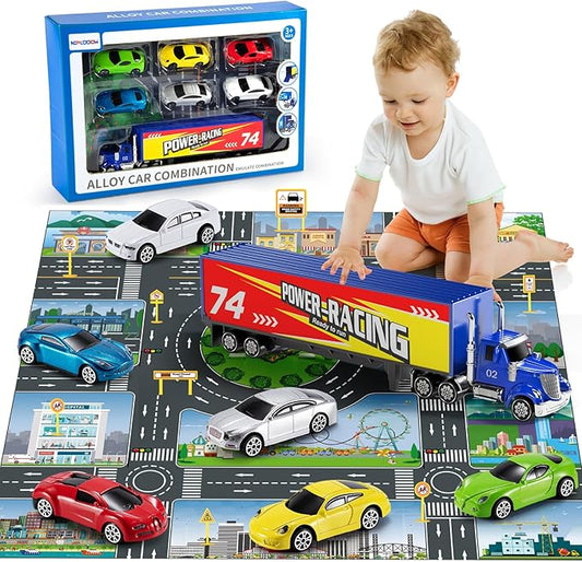 NIPLOOOW Die Cast Metal Racing Car Toy With Play Mat for 3-6 Year Old Boys and Girls - Christmas Birthday Gift