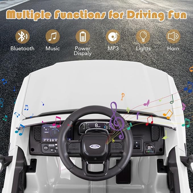 Licensed Ford Ranger Ride on Pickup Truck by INFANS, 12V Battery Powered Electric Vehicle for Kids with Remote Control, Headlight, Power Display, Bluetooth, MP3, Music, Aged 3-6 Years (White)