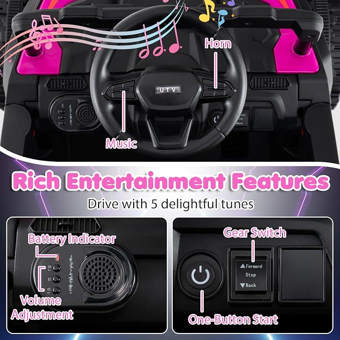 Costzon Kids Ride On UTV Car with Detachable Trailer, 12V Battery Powered Electric Vehicle with Remote Control, 3 Speeds, LED Lights, Music, Horn, Off-Road UTV for Boys & Girls (with Trailer,Pink)