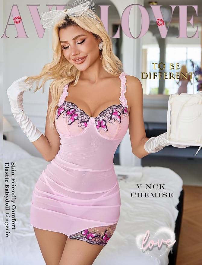 Avidlove Lingerie for Women Mesh Babydoll Lingeries Lace Chemise Floral Sleepwear Dress Sheer Exotic Boudoir Outfit S-XXL
