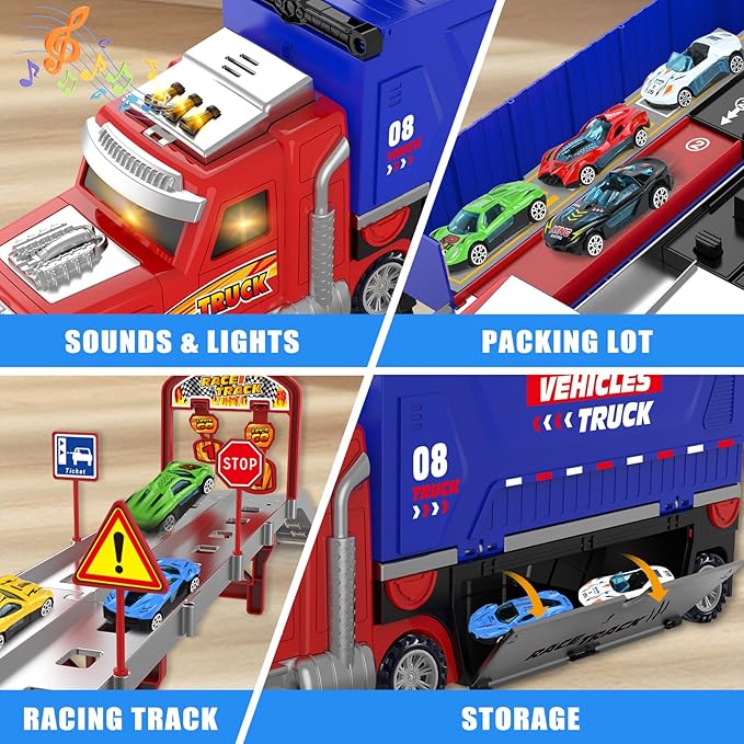 Carrier Truck Race Track Toys, Truck Toys for 3, 4, 5, 6, 7, 8 Years Old Kids, Foldable Transport Truck Toys Car with Lights & Sounds, 6 Metal Cars, Birthday Gifts for Toddler Boys Girls