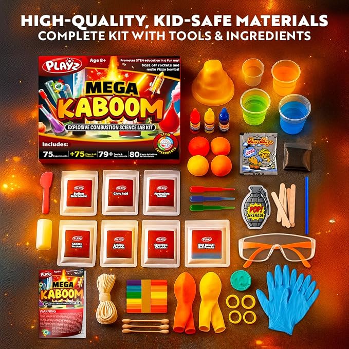 Playz Mega Kaboom! 150+ Explosive Science Experiments Kit for Kids Age 8-12 with 75 App & Video Guided Experiments - Chemistry Set STEM & Educational Toys & Gifts for Boys, Girls, Teenagers & Kids