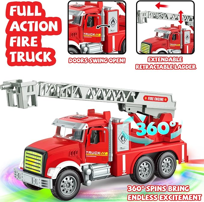 Toddler Boy Toys, Fire Trucks for Toddlers 3-5, Lights Music Toy Cars with 1 Rotating Extend Ladder, Firetrucks with 2 Opening Doors, Baby Toys for 3 4 5 6 Year Old Boy, Kids Christmas Birthday Gift