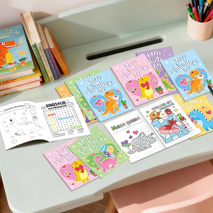 Valentine’s Day Activity Books for Kids - 24Pcs Dinosaur Theme Mini Games Coloring Book Set Bulk Mazes Word Search Word Scramble Games for Valentines Party Goodie Bags Stuffers School Classroom Favors