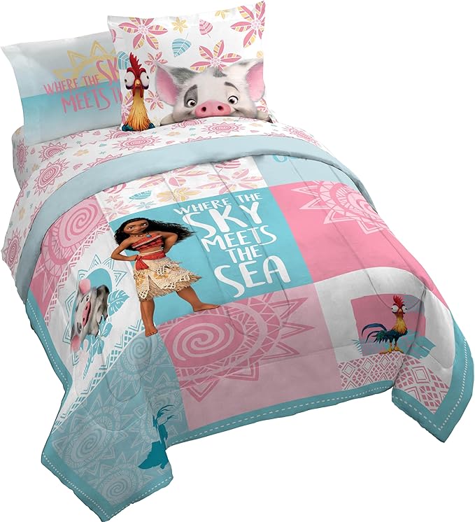 Jay Franco Disney Moana Queen Comforter Set â€“ Tropical Patchwork 7 Piece Bedding Features Pua and HEI HEI - Includes Sheet Set & Pillow Covers - Super Soft Kids Microfiber Bed Set