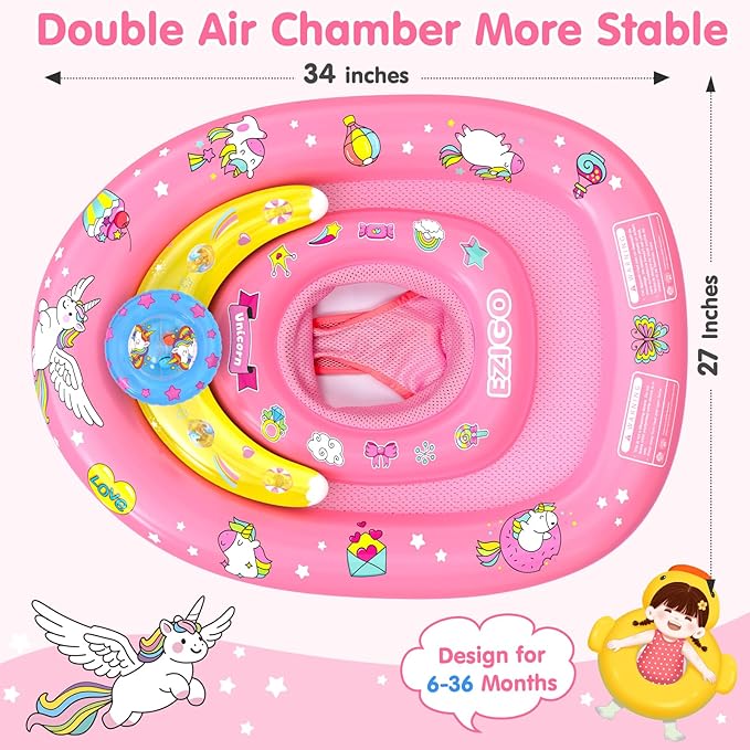 EZIGO Baby Pool Float with Canopy UPF50+ Sun Protection, Inflatable Kids Pool Floats with Ocean Animal Toys for Baby 6-36 Months, Infant Swimming Float with Adjustable Safety Seat for Boys Girls