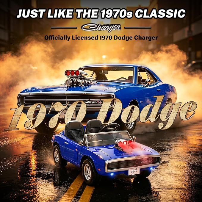 Licensed 1970 Dodge Charger 24V Ride on Toys for Big Kids, 2 Seater Ride on Car with Parent Remote Control, Dual 120W Motors, Bluetooth Music, LED Lights, Hood Supercharger with Mist, 5 MPH