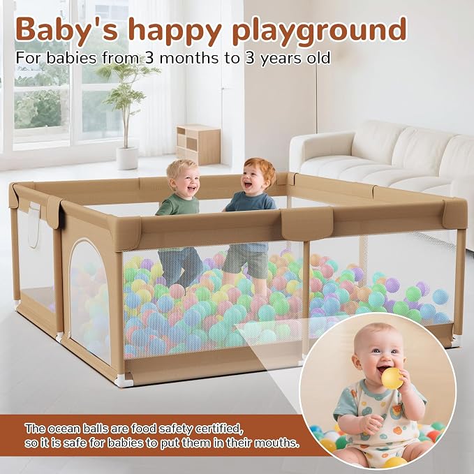 71x59 Playpen for Babies and Toddlers - Extra Large Baby Fence Play Area with Travel Bag Plus 50 Pit Balls & Pull Rings - Portable Infant Play Yard Indoor Outdoor Baby Gate Activity Center(Khaki)