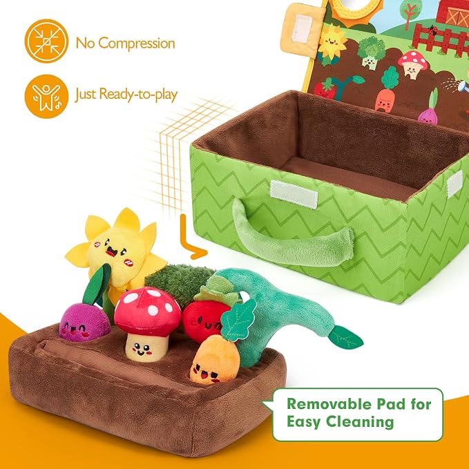 hahaland Baby Toys 6-12 Months - Fruits Vegetables Garden Plant Farm Plush | 6 Month Old Montessori Sensory Toys Carrot Flower with Rattles Mirror Squeaker Crinkle Tissues, 9 Month Old Gifts for Babies