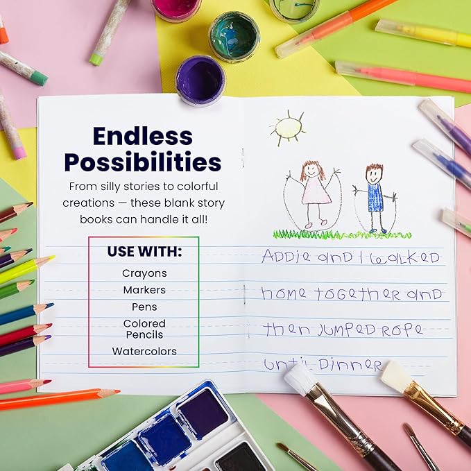 Hygloss Half Blank Books for Kids to Write Stories & Illustrate – Bulk 6 Pack – 5.5" x 8.5" A5 – Primary Journal for Grades K-2, Preschool/Kindergarten Notebook with Picture Space – 24 Pages, White
