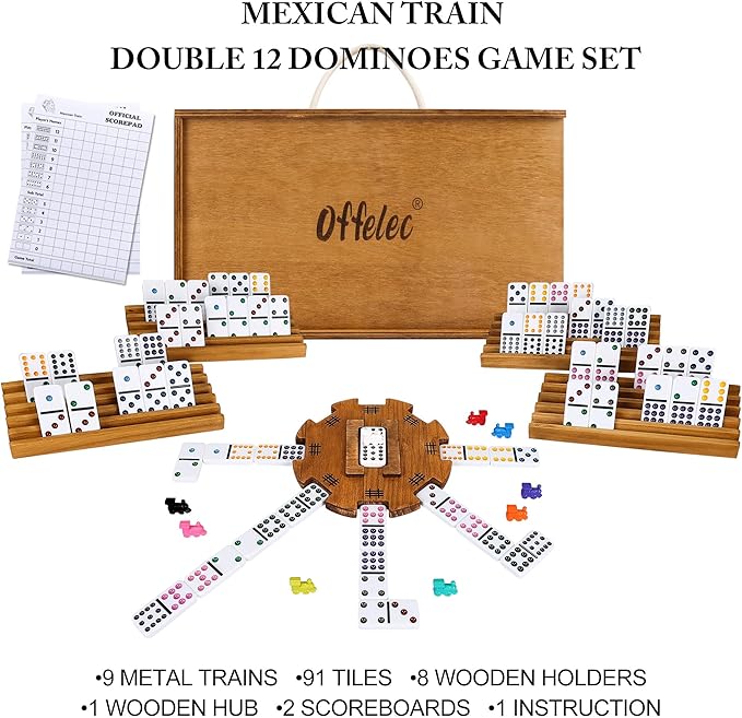 Offelec Mexican Train Dominoes Set with 8 Holders, Double 12 Dominos Set for Adults, Mexican Dominoes Train for Kids and Family Game, Mexican Train Games with 91 Colored Tile Dominos and Wooden Box
