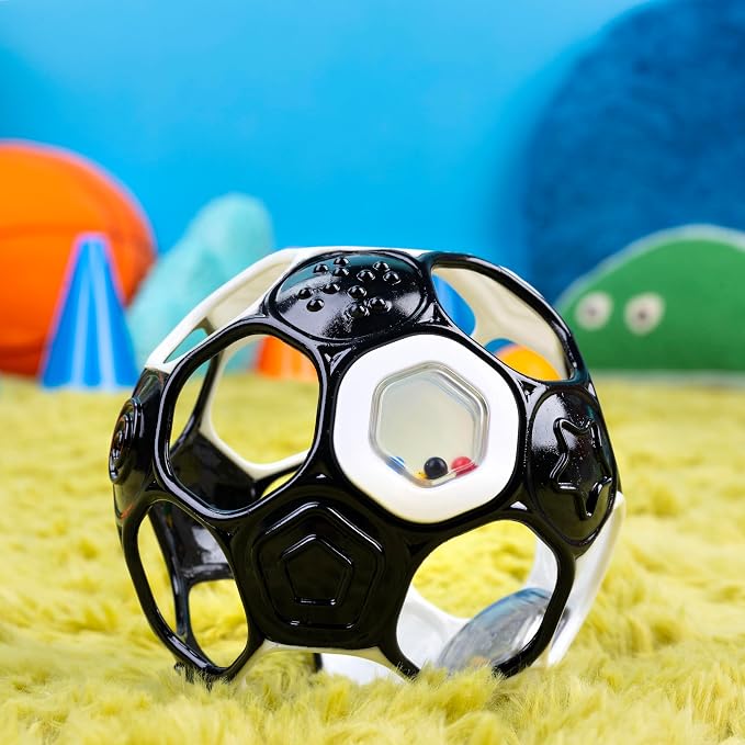 Bright Starts Oball Grippin' Goals Rattle Soccer Ball - Black & White, Easy-Grasp Toy for Newborn and Up (Pack of 2)