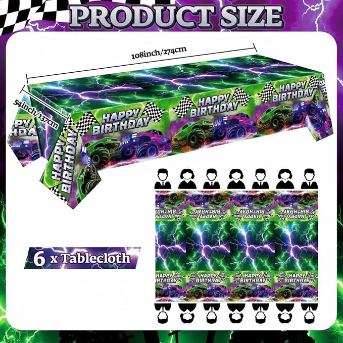 Mifoci 6 Pcs Monster Truck Birthday Party Tablecloths Monster Machine Table Covers Large Plastic Disposable 108 x 54 Inches for Truck Theme Kid's Boys Birthday Shower Party Supplies (Fresh)
