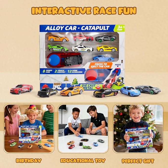 Die Cast Toy Cars with Catapult Launcher (Big) | 2 die-cast sports cars with a manual press launcher for indoor racing and vehicle-themed play.