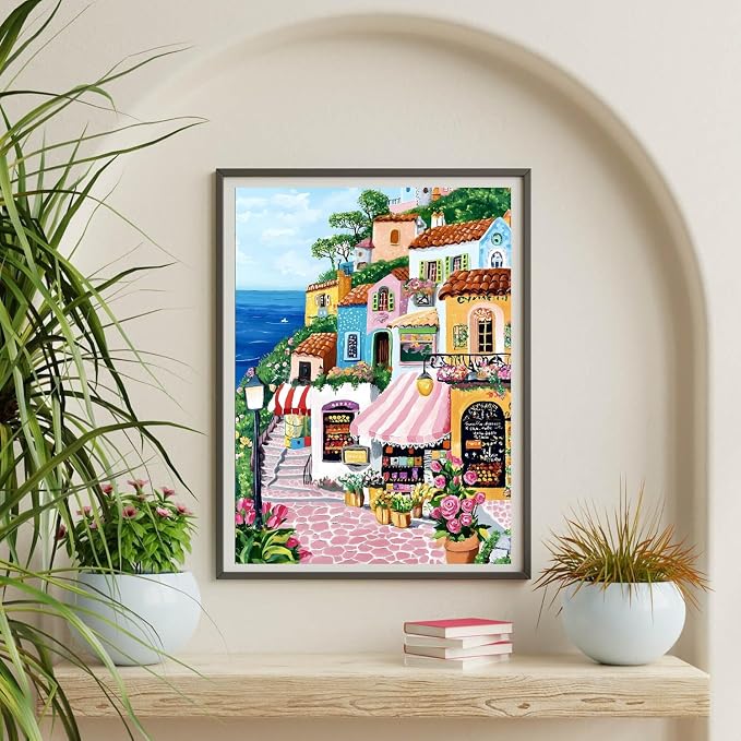 Paint by Numbers for Adults and Kids Beginner, Mediterranean Coastal Village TownPainting by Number Kits On Canvas, Number Artist Paint by Number Kit Oil Painting Acrylic Paints, Home Wall Decor Gift