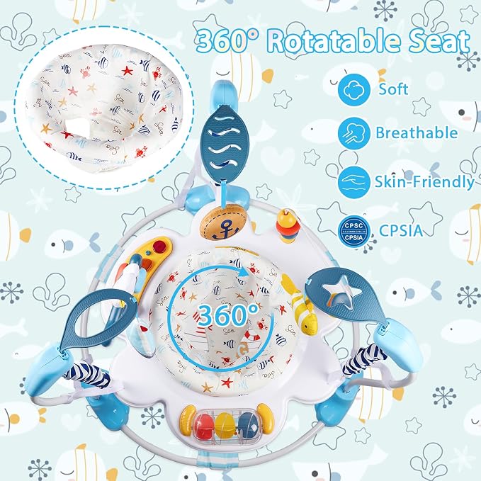 Baby Activity Center, Infant Jumpers and Bouncers with Music, Lights, Infant Toys, 360°Rotating Seat, 3 Adjustable Heights, Baby Play and Learning Center for 6+ Months