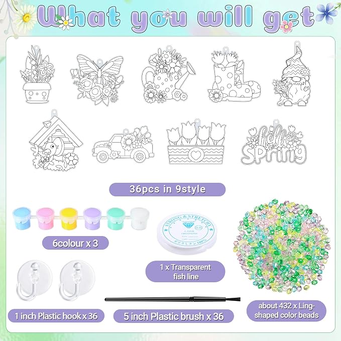 Pasimy 36 Sets Spring Crafts Kits Bulk Spring Suncatchers DIY Paint Your Own Flower Butterfly Gnome Bird Hanging Ornaments Pastel Watercolor Arts Gifts for Classroom Activities Project Window Decor
