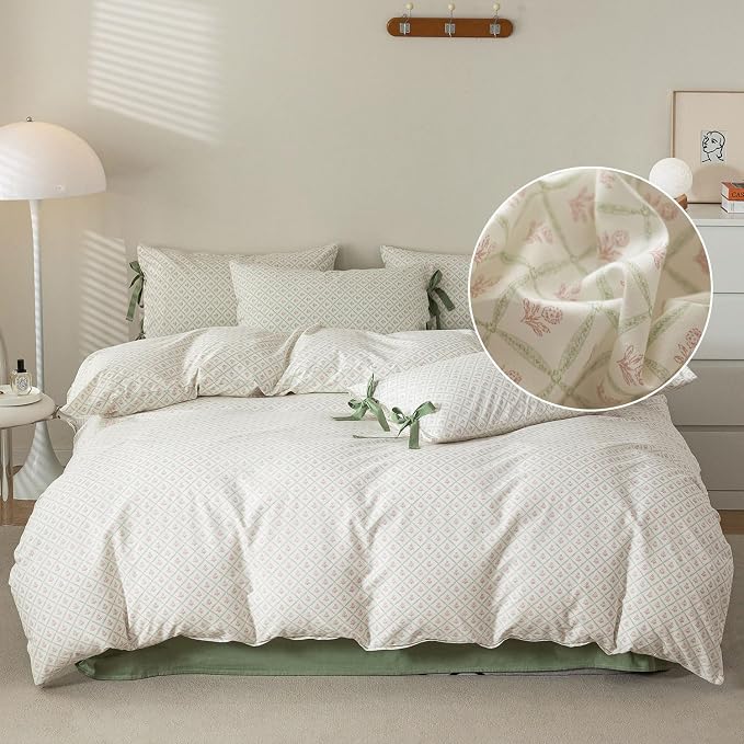 LifeTB Botanical Pink Flower Comforter Set with Plaid Grid Prints Aesthetic Floral Comforter Set King Size Vintage Country Style Coquette Bedding Comforter King with 2 Bow Tie Pillowcases All Season