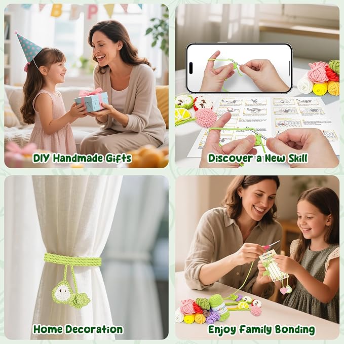 WaldyWop Crochet Kit for Beginners: 5 PCS Fruit Bookmarks Crochet Kits w/ 40% Extra Yarn, Accessories - Easy Video Tutorials & Instructions for Starter Adults - DIY Christmas Gift Set for Her Women