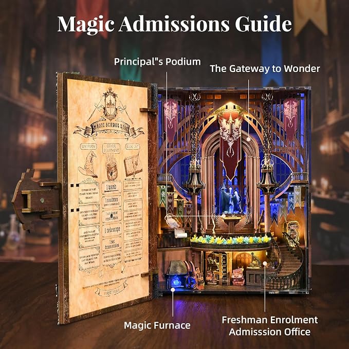 MiniCity DIY Book Nook Kits for Adults, Miniature Dollhouse Booknook Kit, 3D Wooden Puzzle Creative Decorative Bookends Bookshelf Diorama Insert Crafts Hobbies Gifts (Magic Admissions Guide)