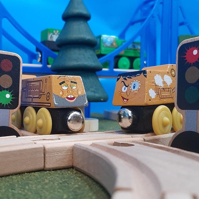 15 Pieces - Wooden Traffic Signs For Kids - Zany Street Signs for Play Mats, Toy Trains and Cars - Wooden Street Signs Road Signs - Educational Preschool Train Track Accessories - Zany Trains Series 2