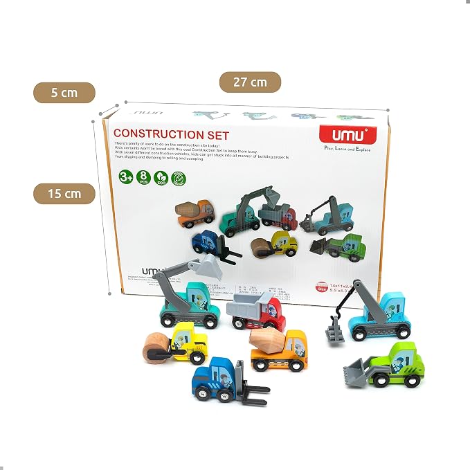 umu® Construction Toy Cars 7 PCS Wooden Kids Mini Vehicles for Toddlers, Compatible to Thomas Train Toys Railway and Major Brands, Best for 3 to 5 Year Old Boys and Girls
