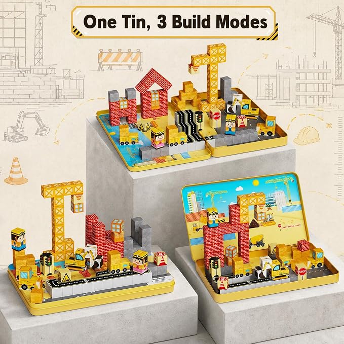 Magnetic Blocks Travel Kit: 100PCS Engineering Construction STEM Building Cubes with N32 Strong Magnets, Carry Tin Storage, Birthday Gifts for 3-8 Year Old Boys