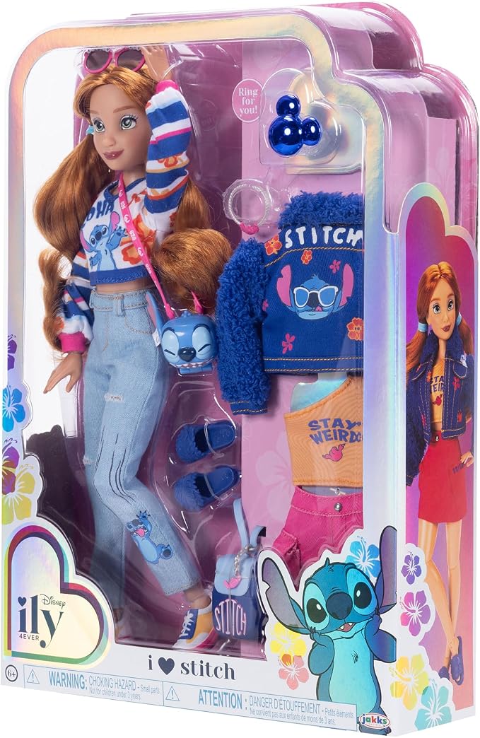 Disney ILY 4EVER Fashion Dolls Red Hair Stitch 11.5" Tall with 13 Points of Articulation, Two Complete Mix-and-Match Outfits and Mickey Ring for You!