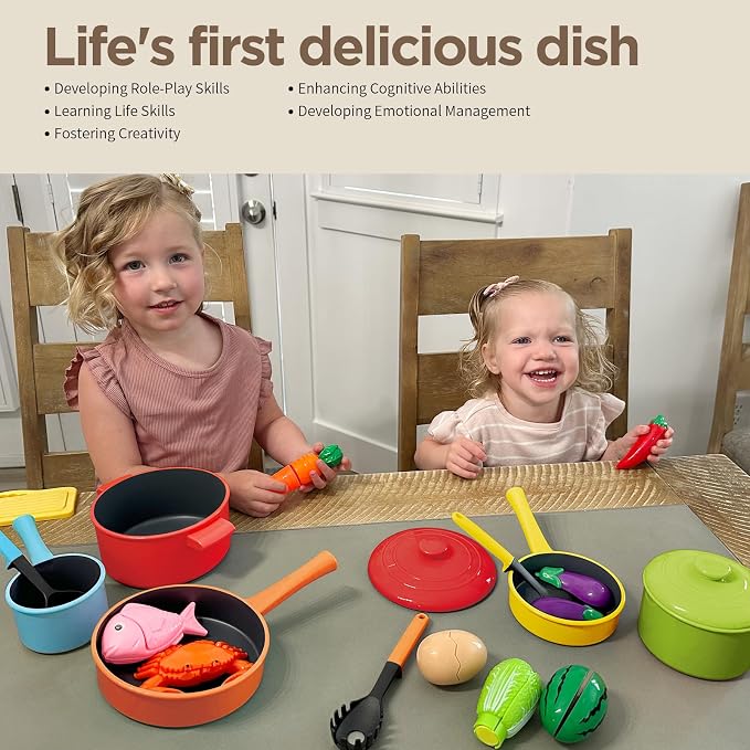 GILOBABY Kids Play Kitchen Accessories - Complete Cooking Toy Set with Pots, Pans & Utensils for Toddlers 1-3, Learning Educational Pretend Play Gift for Girls (Red)