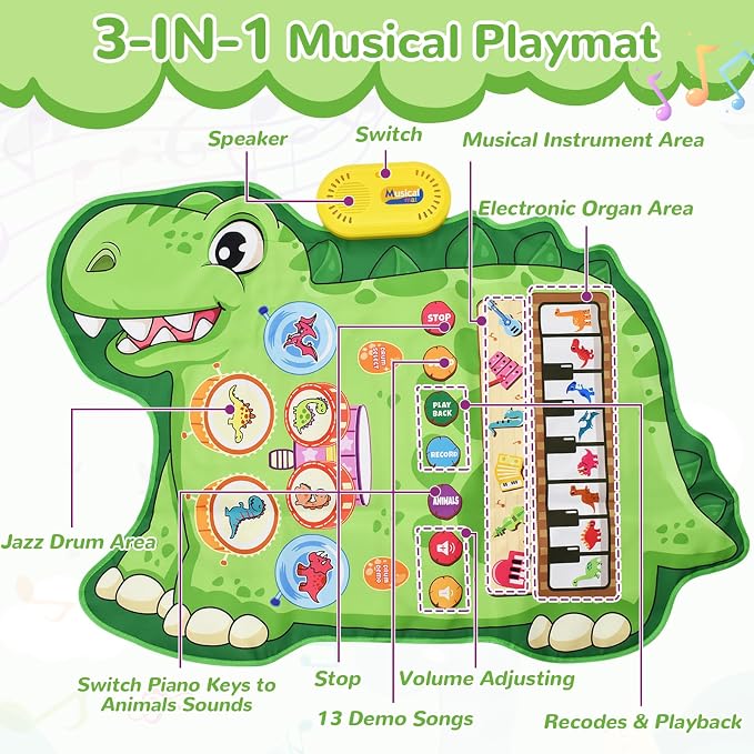 Cyiecw 3-in-1 Dinosaur Musical Mat, Piano Drum Play Mat Gifts for 1 2 3 Year Old Girls, Sensory Early Educational Musical Learning Toys for Baby Boys, Birthday Gift for Toddlers 1-5 Years Old