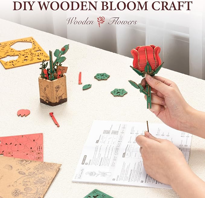 ROBOTIME Red Rose 3D Wooden Flower Puzzle, DIY Craft Kit for Adults, Everlasting Artificial Floral Bouquet, Creative Gift