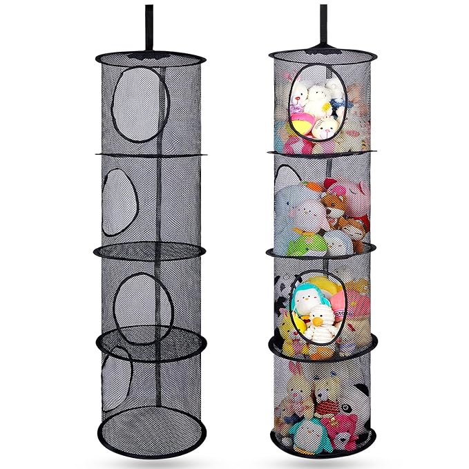 Basumee Stuffed Animals Net or Hammock 2 Pcs Stuffed Animals Storage Toy Net Hammock for Plushies Storage Organizer Mesh Kids Girls Room Decor, Black, 4 Tiers