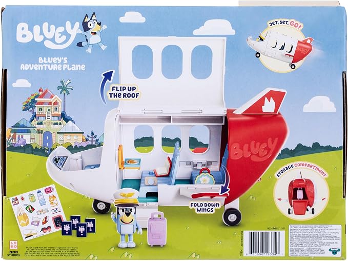 Bluey Adventure Plane, Airplane Toys, Pilot Figure and Accessories | Open side with fold-down stairs, family seating, and luggage storage in this airplanes for kids playset