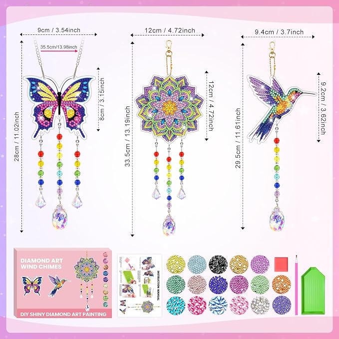 Arts and Crafts for Kids Ages 8-12, Diamond Art Kits for Kids Birthday Gifts for 5 6 7 8 9 10 11 Year Old Girls Diamond Painting Kits for Adults Teen, Gem Art Suncatcher Wind Chime for Home Garden