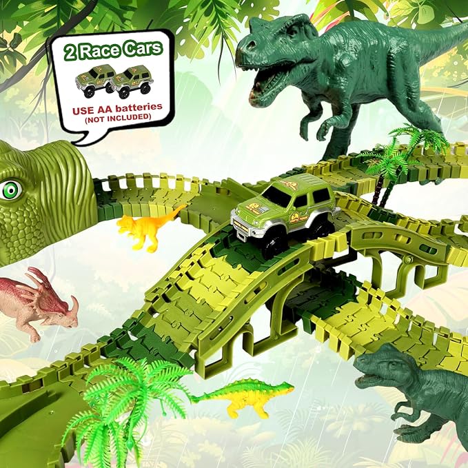 Dinosaur Track Toys, 266 PCS Dinosaur Toys for Kids 3-5 Create A Dinosaur World Road Race Tracks, 2 Dinosaur Cars Flexible Train Track Set, Birthday Gifts 3 4 5 6 7 Year Old Boys Girls
