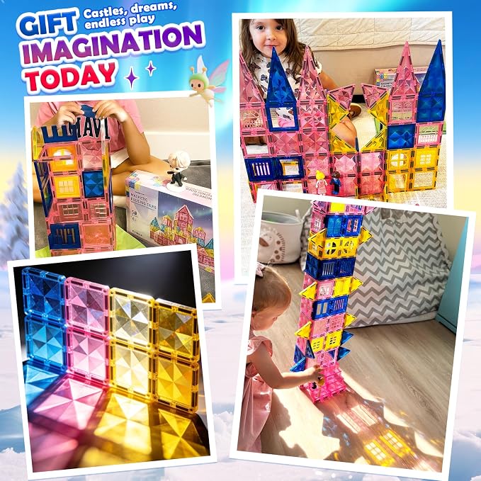 Soyee Diamond Magnetic Tiles Magnet Building Blocks - Princess Castle Toys for Girls & Boys Age 3-8 Birthday Present 5 6 7 8 9 10 Year Old Gifts for Kids Classroom