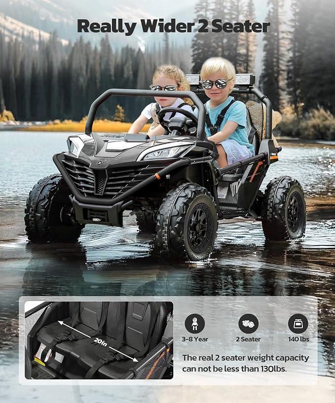 ELEMARA 24V Ride on Car for Kids, 2 Seater XL 20" Seat Ride on Toy, 10AH 4WD Battery Powered 4.5MPH Electric Car with Remote, 3 Speeds, Music Gift for Ages 3-8