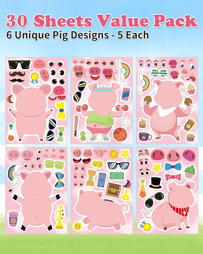 Aowplc 30 Sheets Make a Pig Stickers – Cute Piggy Mix & Match Stickers for Kids – Party Favors, Farm Animal Crafts, School Projects & Classroom Activities