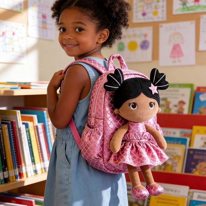 Lazada Toddler Backpack - Baby Girl Gifts Plush Doll Dress Backpack - Fashion Girls Tina Fish Scale Series - Rose Red11 Inches