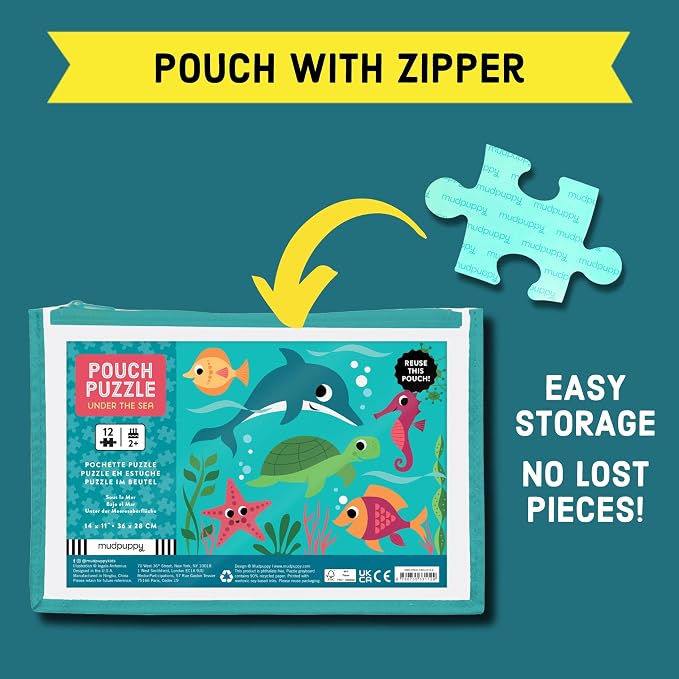 Mudpuppy Under the Sea – 12 Piece Puzzle with Reusable Zipper Pouch Featuring Colorful and Fun Illustrations of Ocean Creatures Perfect for Easy Storage and Travel