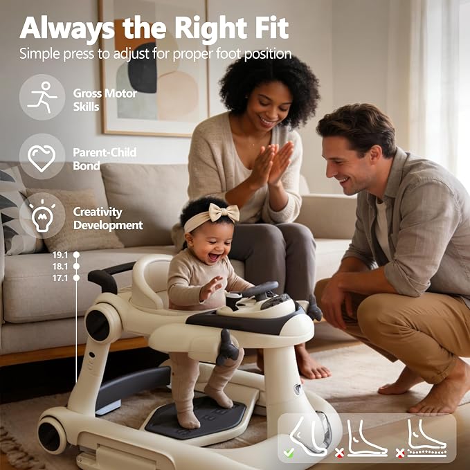 Kinder King 8-in-1 Baby Walker with Music & Lights, 3 Level Adjustable Height, Foldable Toddler Walker with Speed Adjustable Wheels, Easy to Clean, Baby Walkers for Boys & Girls 6-18 Months