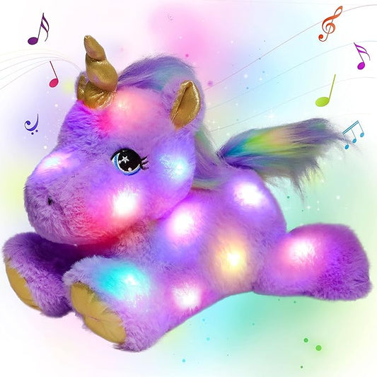 Glowing LED Light-up Purple Unicorn Nightlight Toys Musical Plush Stuffed Animal Singing Lullabies Birthday Christmas Plushies Gifts for Kids Boys Girls,13"