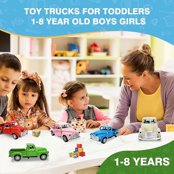 4Pcs Truck Toy for Toddlers 2 3 4 5 6 7 8 Year Old Boys Girls,1:32 Alloy Toddlers Car Toy Driveable,Car Door Can Open,Toy Trucks for Kids Easter Christmas Birthday Gifts