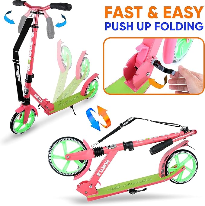 Hurtle Renegade Kick Scooter for Kids, Teenagers & Adults - 2-Wheel Folding Scooter with Adjustable T-Bar Handlebar - Alloy Anti-Slip Deck