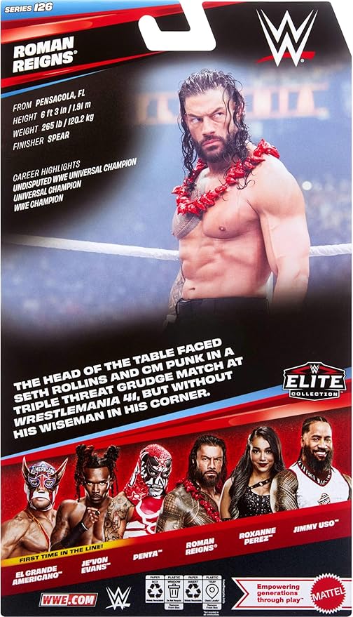 Mattel WWE Elite Action Figure & Accessories, Series #126 Set, 6-inch Collectible Roman Reigns with 25 Articulation Points & Swappable Hands