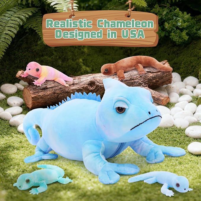 MorisMos 27" Giant Chameleon Stuffed Animal with Baby Lizard Toys Inside, 5Pcs Mama & Baby Stuffed Lizard Plush Toys for Kids, Realistic Rainbow Chameleon Plush Toy, Jungle Birthday Gift & Room Decor