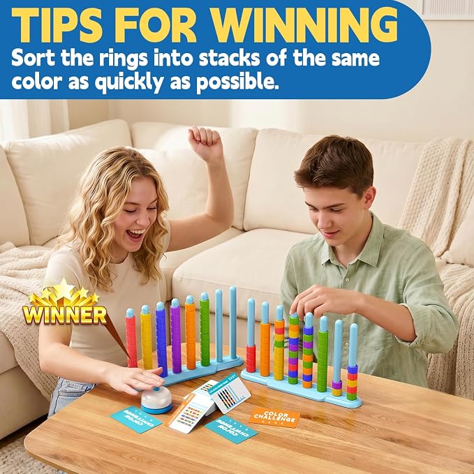 Color Challenge Game – 2 Pack Color Matching Puzzle Game for Family Game Night and Party, Board Game for Kids 6-8-12, Adults, Stacking Game with 2 Stack Racks, 100 Cards, 120 Rings, Bell, Storage Bag‌